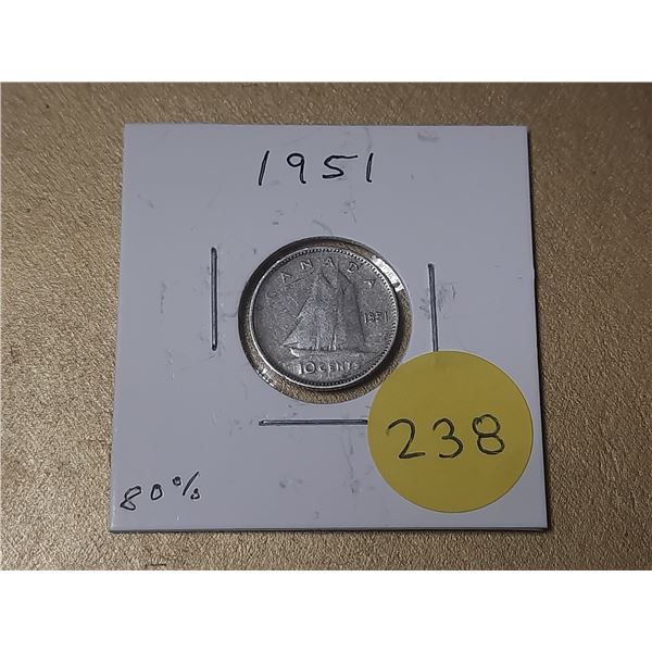 1951 Canada Silver 10 Cents.