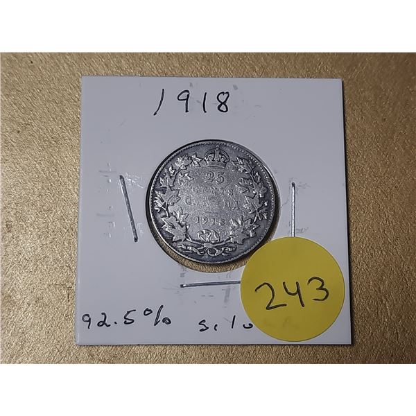 1918 Canada Silver 25 Cents.