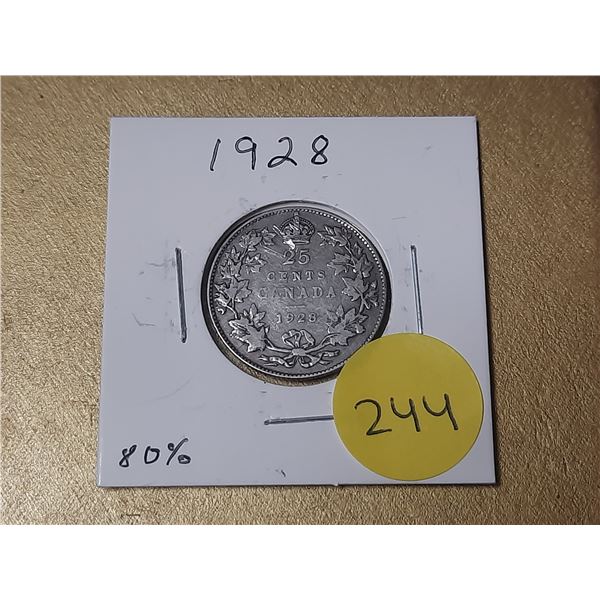1928 Canada Silver 25 Cents.