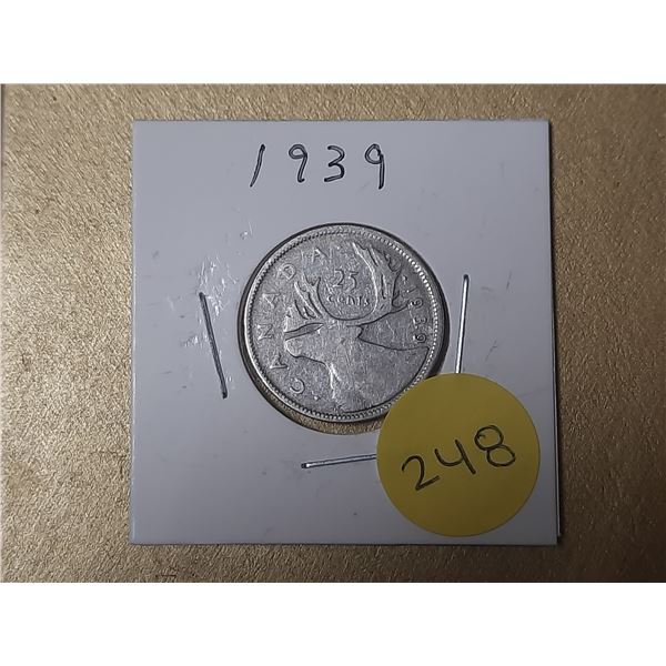 1939 Canada Silver 25 Cents.