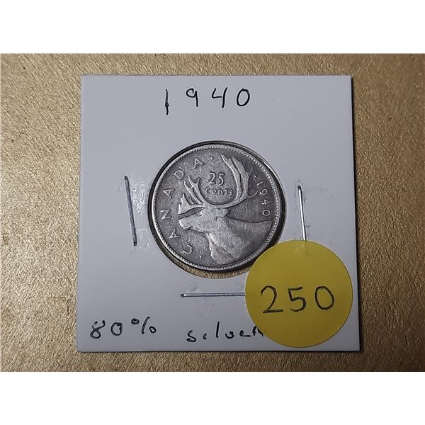 1940 Canada Silver 25 Cents.