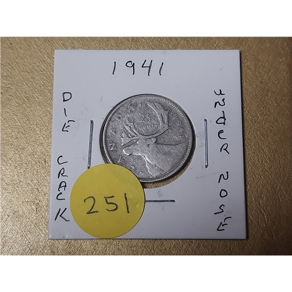 1941 Canada Silver 25 Cents - Die Crack Under Nose
