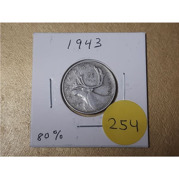 1943 Canada Silver 25 Cents.