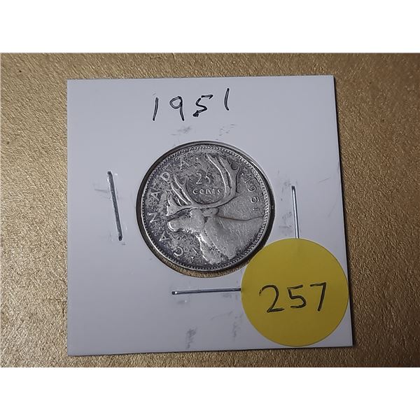 1951 Canada Silver 25 Cents.