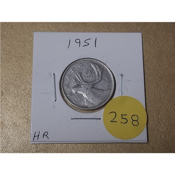1951 Canada Silver 25 Cents.