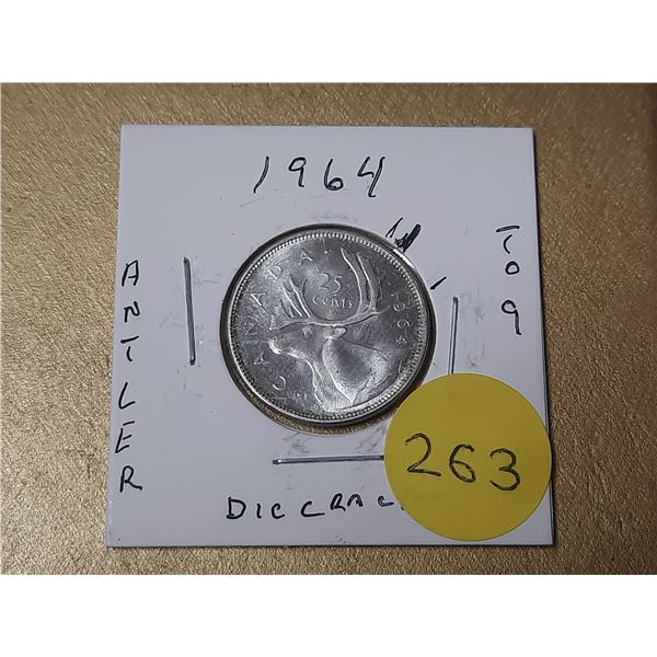 1964 Canada Silver 25 Cents - Die Crack Antler To 9