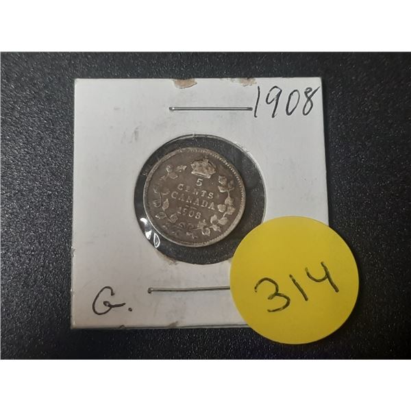 1908 Canada Silver 5 Cents.