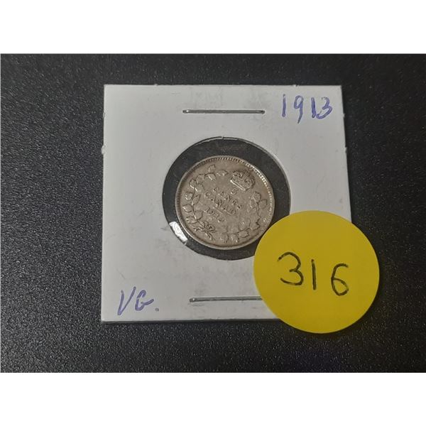 1913 Canada Silver 5 Cents.