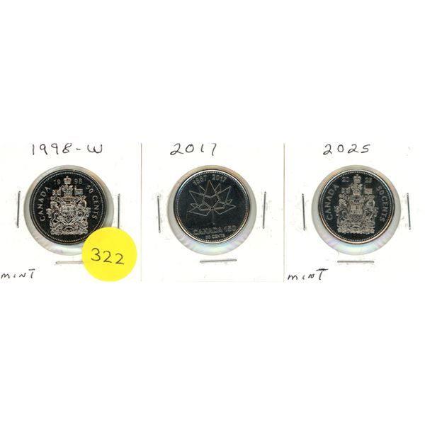 1998 W, 2017, 2025 Canada 50 Cents - Mint.