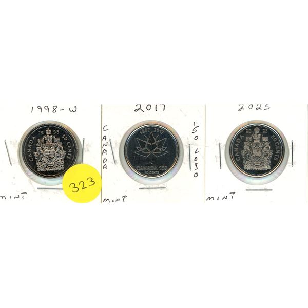 1998 W, 2017, 2025 Canada 50 Cents - Mint.