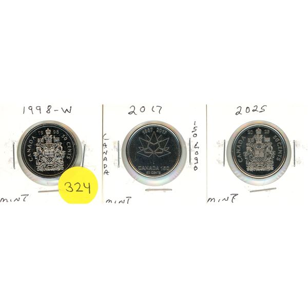 1998 W, 2017, 2025 Canada 50 Cents - Mint.