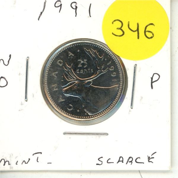 1991 Canada 25 Cents - No P Rare 25 Cent.