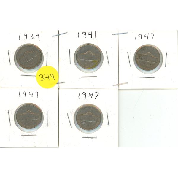 1939, 1941, (3) 1947 U.S.A Five Cents Coins.