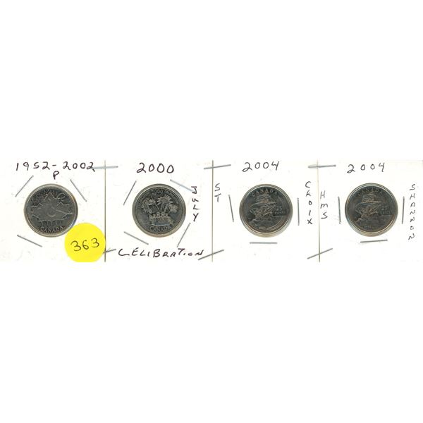 2002 P, 2000, (2) 2004 Canadian Special 25 Cents Coins.