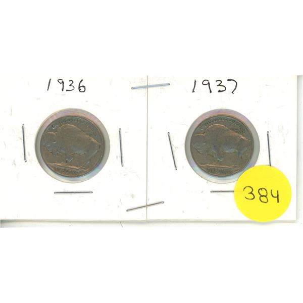 1936 and 1937 U.S.A. Buffalo Nickels.
