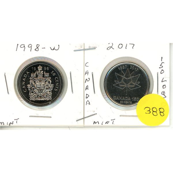 1998 W and 2017 -Canada 150 Twenty Five Cents.