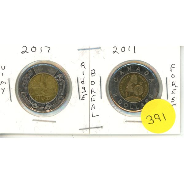 2011 Boreal Forest & 2017 Vimy Ridge Canadian Two Dollar Coins.