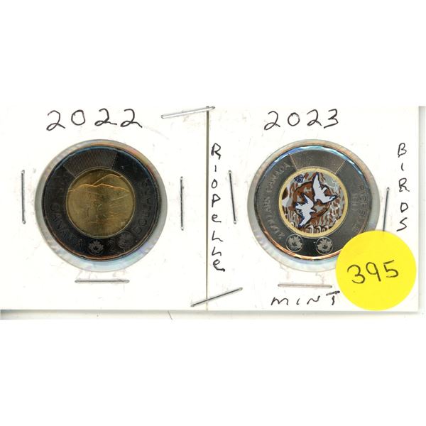 2023 Riopelle Birds - Mint & 2022 Black Rim Canadian Two Dollar Coins.
