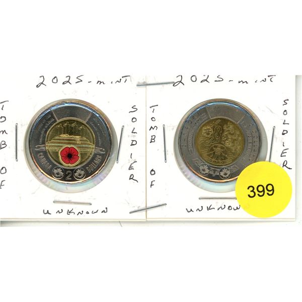 2025 ,Tomb Of The Unknown Soldier & 2023 National Indigenous Peoples Day Canadian Two Dollar Coins.