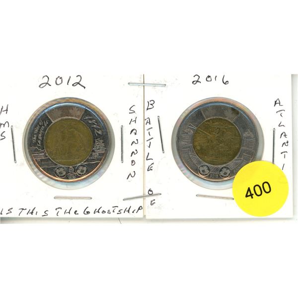 2012 HMS Shannon & 2016 Battle of The Atlantic Canadian Two Dollar Coins.