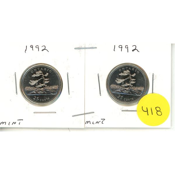 (2) 1992 Canadian Quarters, Ontario MINT