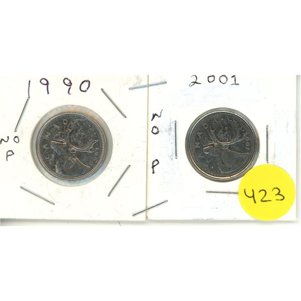 1990 & 2001 Canadian Quarters,NO P