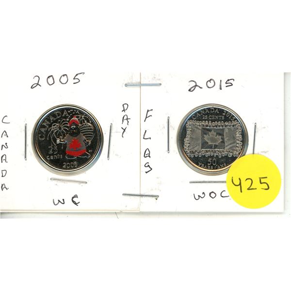 2005 Canada Day - Beaver -WC & 2015 50th Anniversary of the National Flag of Canada -WC 25 Cents Coi