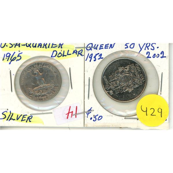 1965 U.S.Quarter & 2002 Canadian 50 Cents.