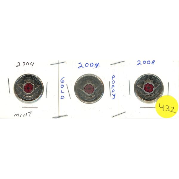 Canadian Quarters, (2) 2004, (1) 2008 Poppys WC