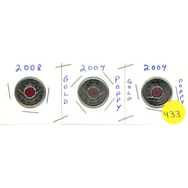 Canadian Quarters, (2) 2004, (1) 2008 Poppys WC