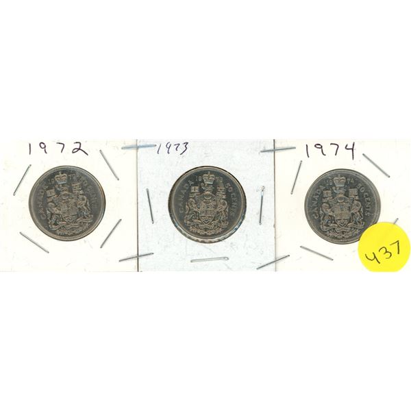 Canadian Half Dollars, 1972, 1973, 1974.