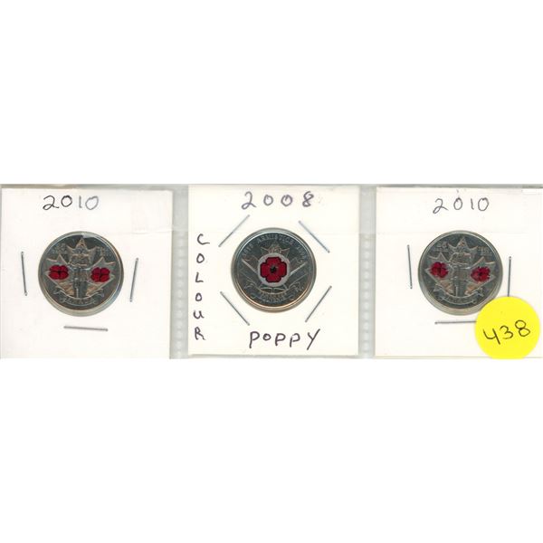(2) 2010 Soldier Between Poppy's & 2008 Poppy's Canadian 25 Cents Coins.