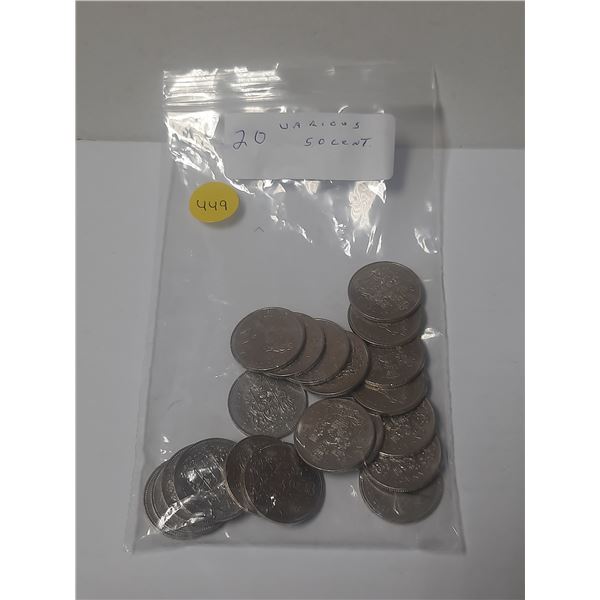 Canadian Half Dollars, 20 Mixed Dates in Bag .