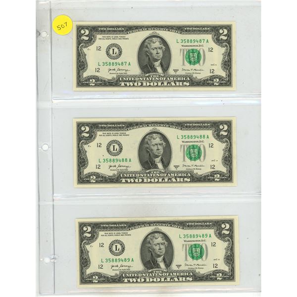 (3) 2007 U.S.A Two Dollars. (In Sequence)