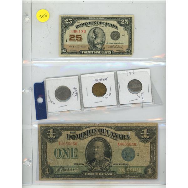 1923 Dominion of Canada 25 Cents Shinplaster, 1923 Dominion of Canada One Dollar and 1923, 1943, 194
