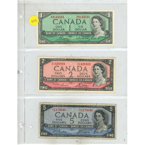 1954 Canada One, Two and Five Dollars.