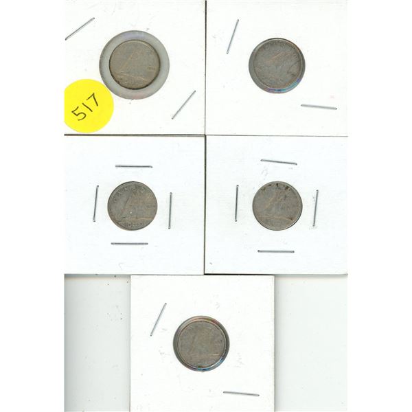1951, 1953, 1954, 1955, 1959 Canada Silver Ten Cent Coins.