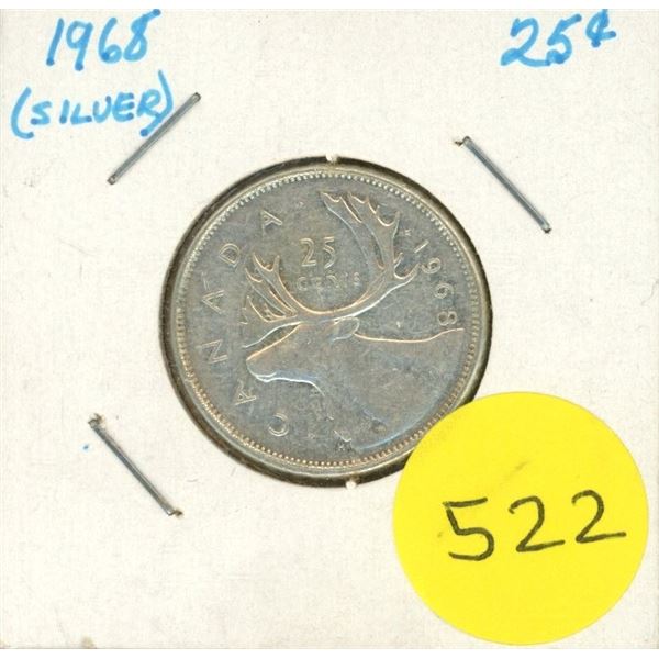 1968 Canada Silver 25 Cents Coin. (Can't Prove Authenticity but it has non-magnaetic property)