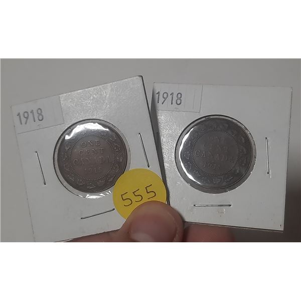 (2) 1918 Canada Large One Cent.