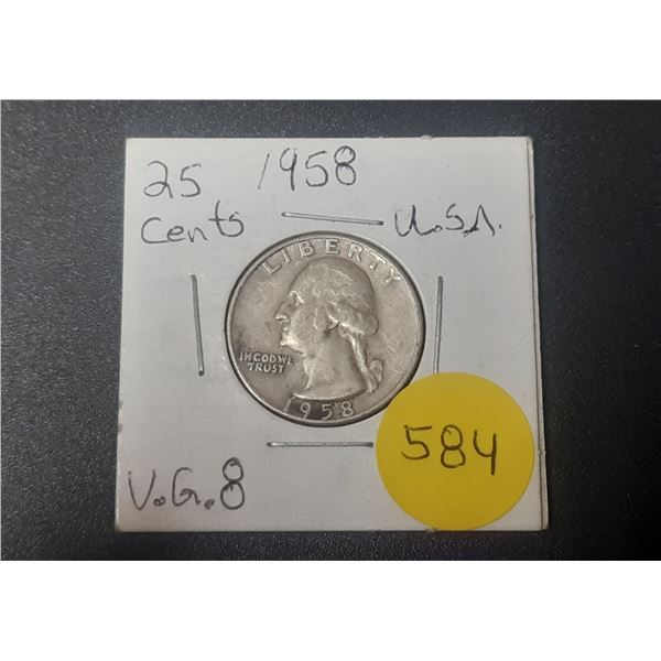 1958 U.S.A. Silver 25 Cents Coin.