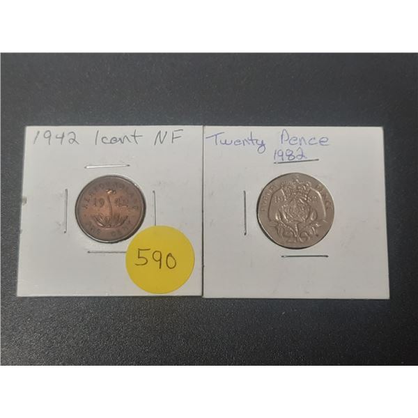 1942 New Foundland and 1982 Twenty Pence Coins.