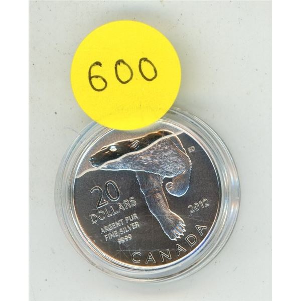 2012 Canadian $20 Finer Silver Coin Featuring A Polar Bear Design.