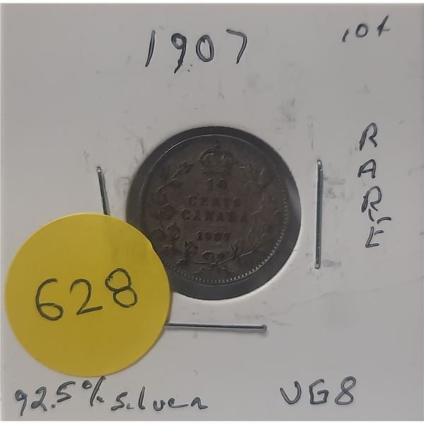 1907 Canada Silver 10 Cents - VG8 -Rare