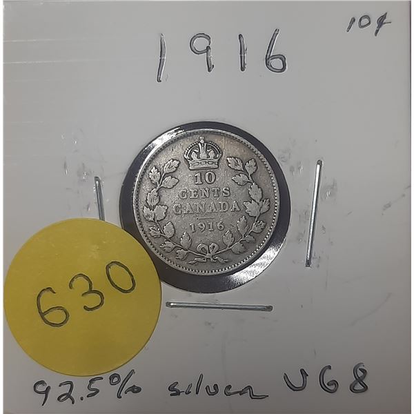 1916 Canada Silver 10 Cents - VG8