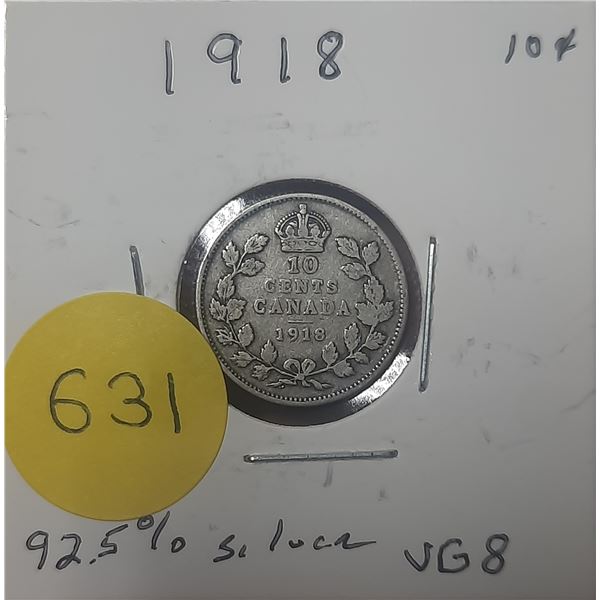 1918 Canada Silver 10 Cents - VG8