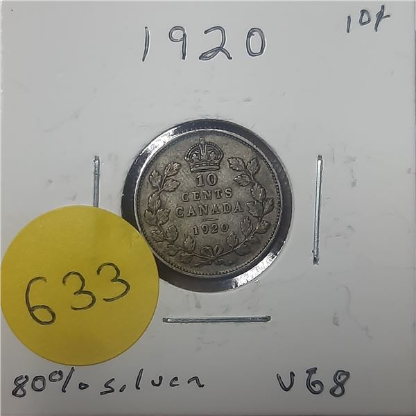 1920 Canada Silver 10 Cents- VG8