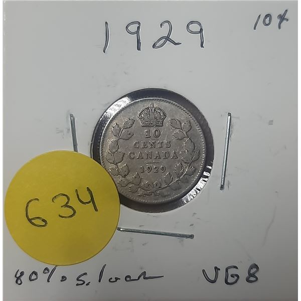 1929 Canada Silver 10 Cents- VG8