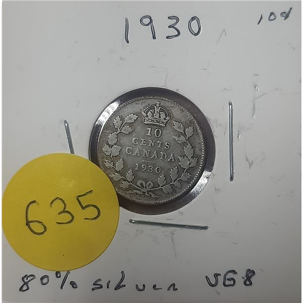 1930 Canada Silver 10 Cents- VG8