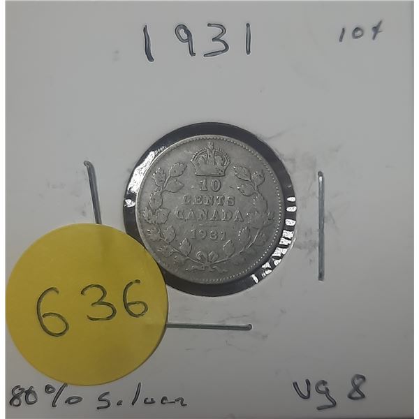1931 Canada Silver 10 Cents- VG8