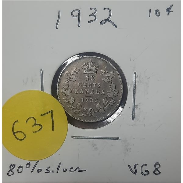 1932 Canada Silver 10 Cents- VG8